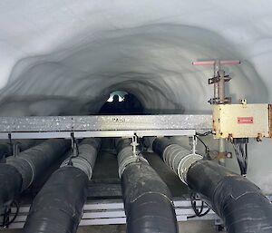 A view into a snow tunnel, through which four insulated pipelines run side by side