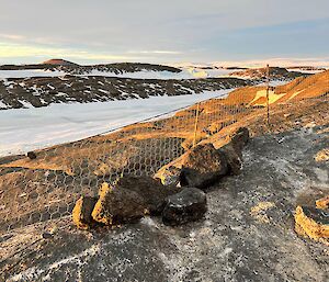 Small 30cm high chicken wire fence runs along the ground, gap under the fence is filled with rocks