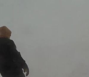 A view from behind of a man in thick, protective winter clothing walking through a blizzard. The blizzard is so strong, the man appears to be walking through an empty, white void