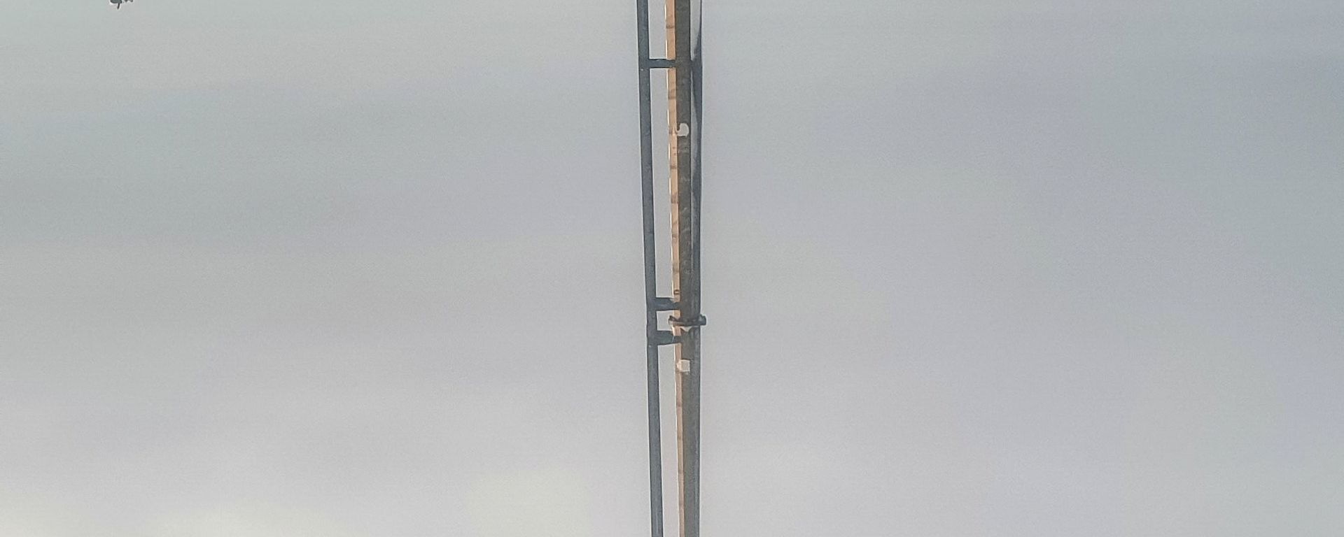 A man on a mast while 2 others look on for safety amidst the snow
