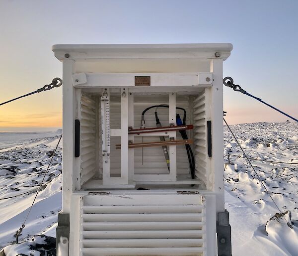 A white box with luvres with  a weather instrument inside