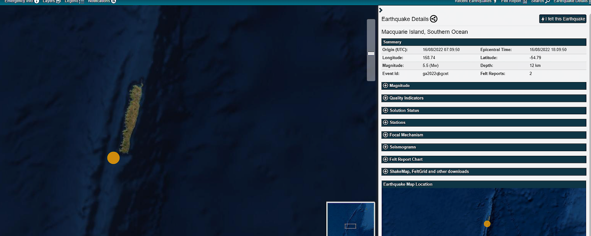 A web page showing details of a tremor felt on Macquarie Island