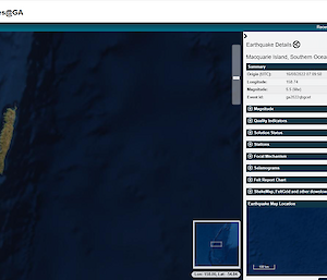 A web page showing details of a tremor felt on Macquarie Island