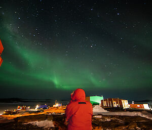 Green aurora across night sky and in the foreground the back of a person dressed in hooded red jacket
