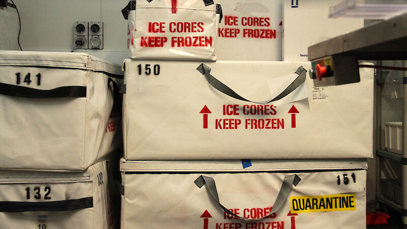 Bags containing tubes of ice cores with red stencilling denoting to keep frozen