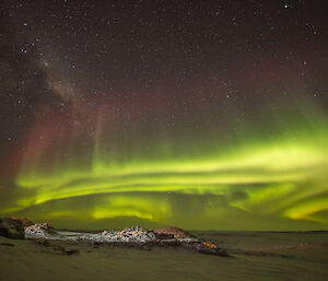 Snowy, rocky ground sloping down to an icebound ocean. The scene appears to be lit brightly by an aurora, bands of green light pressed together, fading upwards into dim red against a starry sky