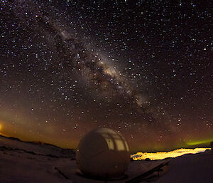 A long exposure picture of the moon setting. The moon looks like a dimmed sun just above the horizon to the left. To the right can be seen the horizontal green stripe of an aurora. The night sky above is densely-starred, and the hazy band of the Milky Way cuts diagonally through the middle