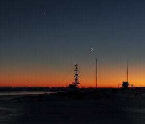 A signpost with many signs pointing in different directions and three empty flagpoles, in silhouette against the orange sky of dawn. The crescent moon and a planet shine in the deep blue part of the sky above the dawn glow