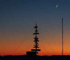 A signpost with many signs pointing in different directions and an empty flagpole, in silhouette against an orange dawn horizon. The crescent moon hangs above them both