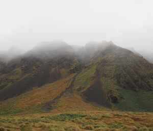 Mist covered hills in the distance with steep walking tracks visible up the middle