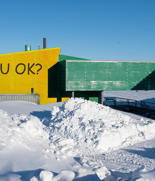 Yellow R U OK? sign covering part of a green building