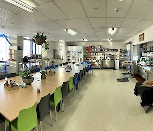 A panoramic photo of a dining area, including about 30 chairs around a long table arrangement, with fake pot plants and sauce bottles kept tidy in trays along the length of the arrangement. Counter and stool seating is arranged along the windows at one side of the room. At the far end is a coffee machine and shelves on which cereal boxes are stored