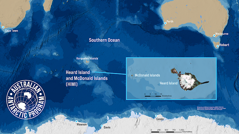 A map showing Heard Island's location relative to Australia and the Antarctic continent.