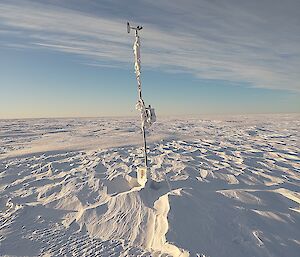 A wide plain covered with wind-rippled snow under a sky half-veiled with high cloud. A narrow mast with a wind vane and small propeller on top stands in the centre of the picture, apparently anchored to the ground with guy wires, but the base of the mast appears to be buried deep under the snow