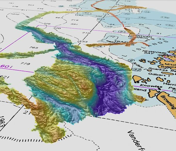 A map showing a section of the seabed off Antarctica, with different colours representing different depths.