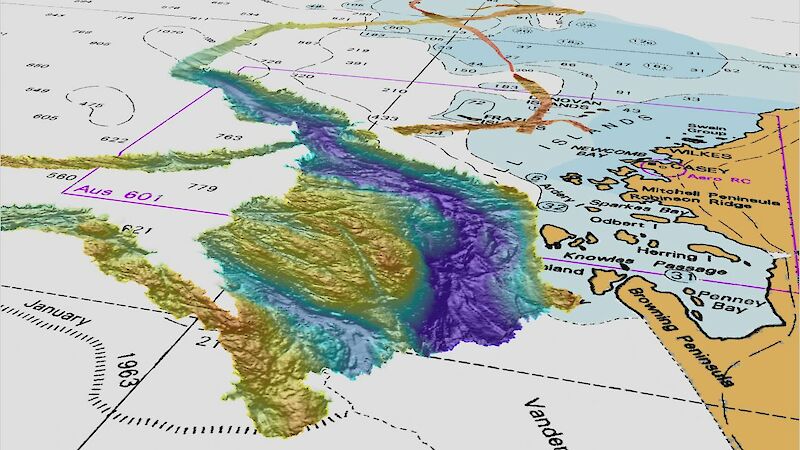 A map showing a section of the seabed off Antarctica, with different colours representing different depths.