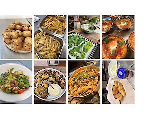 A selection of the food cooked while our chef was in the field - biscuits, chips, kale chips, baked eggs, salad, oysters, seafood paella, scones