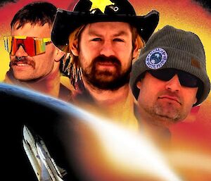 A parody of a poster for the 1998 film 'Armageddon'. The title at the top reads: "Casey Station - Watergettin'". The poster features the faces of Casey station's three plumbers, one in reflective sunglasses, one in a cowboy hat, and one in a thick grey beanie, and also shows a rocket being launched into space