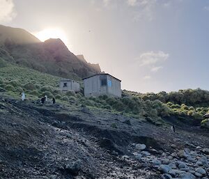 A wooden hut sits on a steep rocky scree with a number of penguins in the foreground