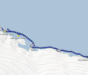 A map with a dotted track along coastline showing route taken from Mawson to Kloa Point