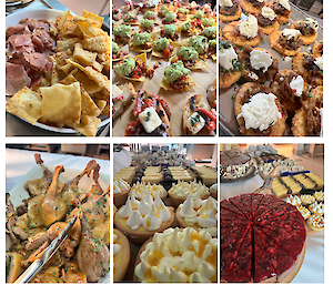 A collage of six food pictures, showing entrees across top and then duck bottom left, and two dessert buffet pictures bottom middle and right