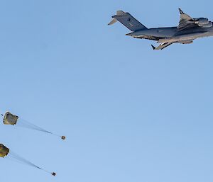 Parachutes fall from large plane against blue sky