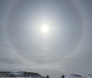 A man with arms in the air with a halo sun above him