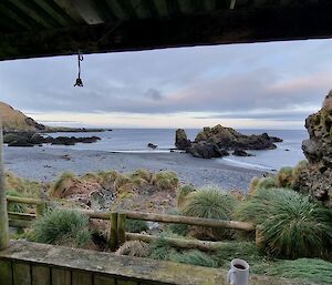 The view from a wooden hut of the foreshore and grassy tussocks