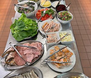 Large salad buffett on a long metal table