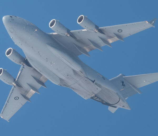 A zoomed in photo of a Royal Australian Airforce C-17 cargo plane in flight