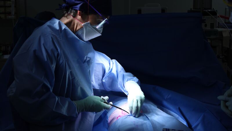 A doctor in a hospital gown leans over a dummy patient making a pretend incision