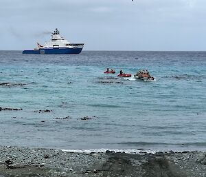 A LARC and two inflatable boats leaving a blue icebreaker anchored off Macquarie Island, heading to the shore