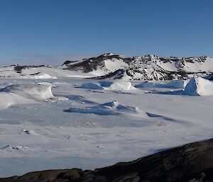Panorama of icebergs at Colbeck mtns