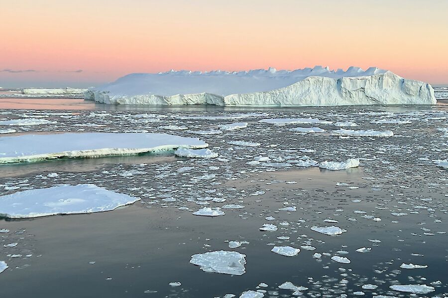 A view of a large iceberg with smaller bergy bits floating in front against a pale pink and orange sky