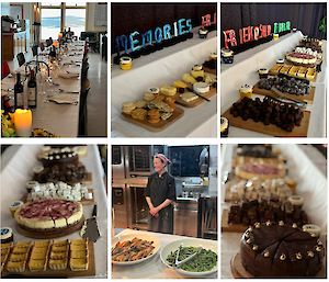 A montage of photos showing the table setting, chef and food, especially the dessert buffet