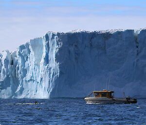 An autonomous underwater vehicle being followed by a small boat, beside ice cliffs.