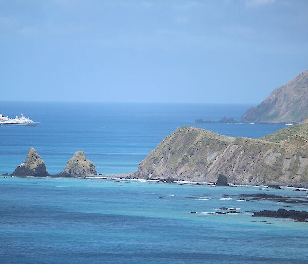 A blue and white cruise ship sits off the rugged green coast line