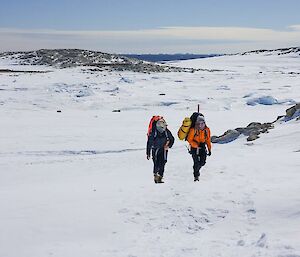 Two people walking through snow with packs on