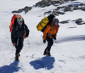 Two people trekking through snow