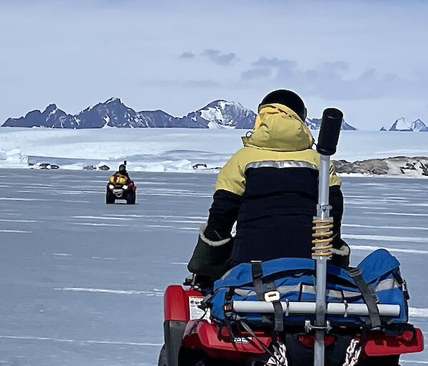 Two people on red quad bikes drive across the sea ice