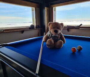 Teddy bear sitting on a blue table with two windows in the background showing sea-ice and icebergs