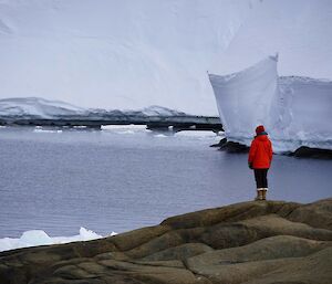 Person standing on a large rock looking towards glacier