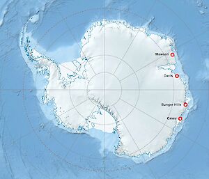 A map of Antarctica showing the Bunger Hills region