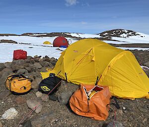 A yellow tent pitched in an ice free area in Antarctica