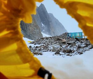 A view from inside a yellow survival bivvie