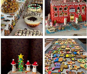 Four photos showing Christmas dessert buffet, one with full spread of cakes and desserts, one with gingerbread red shed house, one with decorated christmas cake, one with array of decorated gingerbread men
