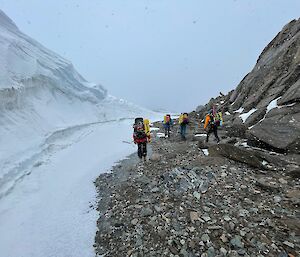 Group of expeditioners walking in the snow between a wall of rock and ice