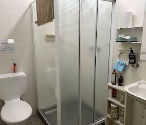 A small bathroom, with a toilet, shower unit, hand basin, mirror and shelving with toilet paper and cleaning products.