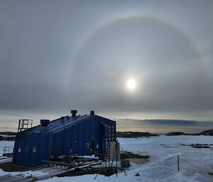 Cirrostratus cloud and halo over Casey's blue Balloon Shed