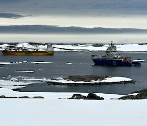 The "Aiviq" and the "Happy Diamond" sitting side-by-side in the bay